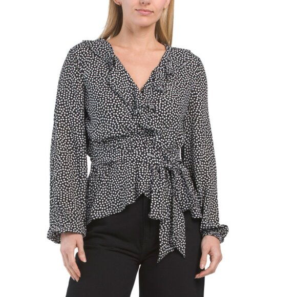MAX STUDIO Black/Ivory Long Sleeve Wrap Ruffle Front Top